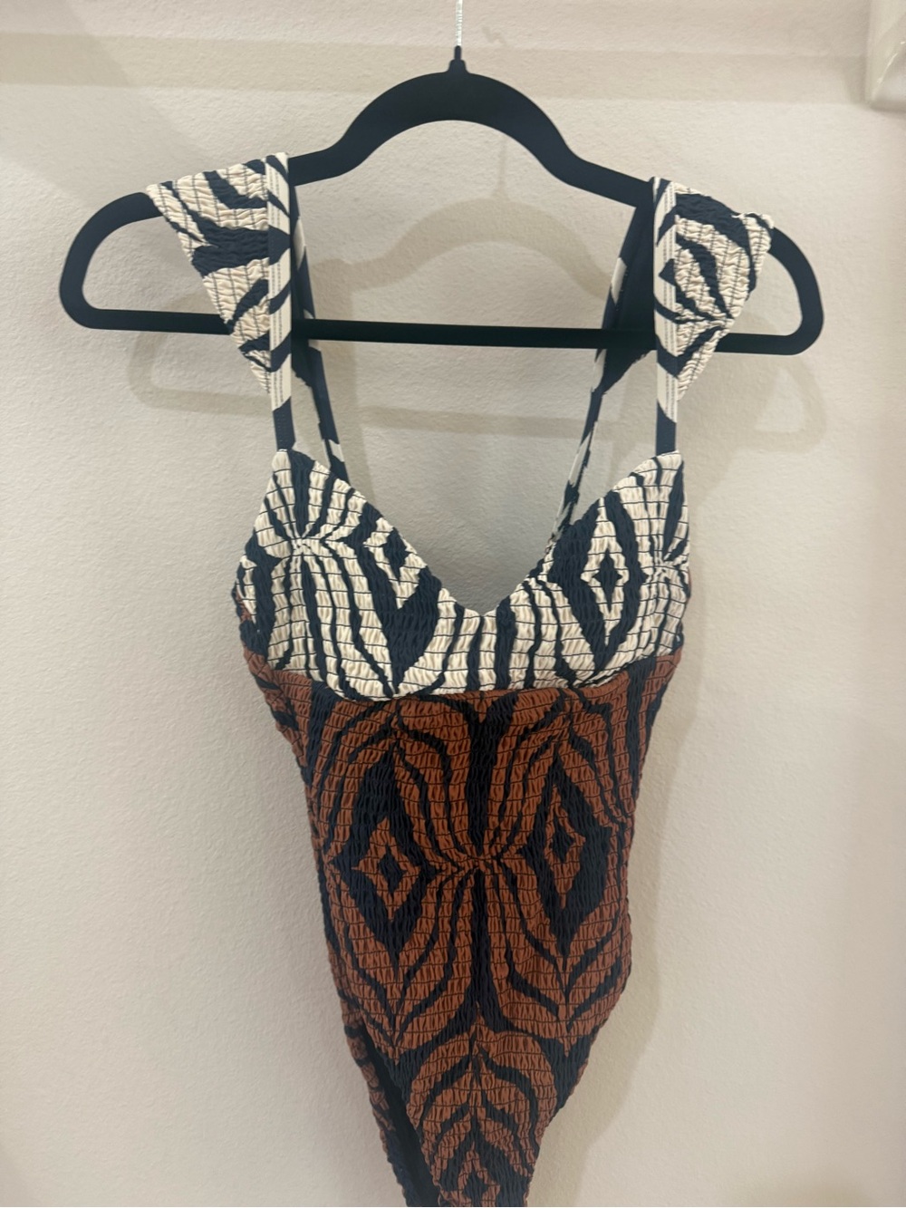 Textured Brown & Cream Patterned One-Piece Swimsuit